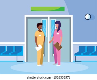 interracial couple medicine workers in elevator door vector illustration design