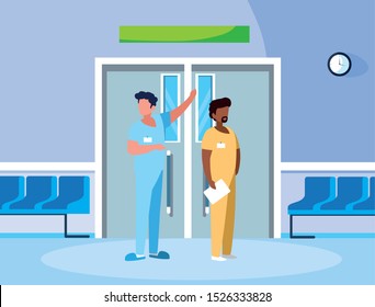 interracial couple medicine workers in elevator door vector illustration design