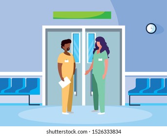 interracial couple medicine workers in elevator door vector illustration design