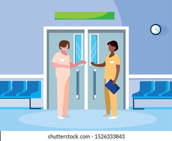 interracial couple medicine workers in elevator door vector illustration design