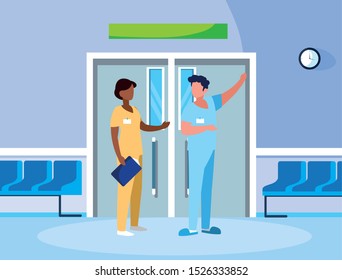interracial couple medicine workers in elevator door vector illustration design