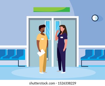 interracial couple medicine workers in elevator door vector illustration design