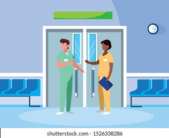 interracial couple medicine workers in elevator door vector illustration design