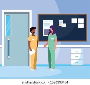 interracial couple medicine workers in hospital corridor vector illustration design