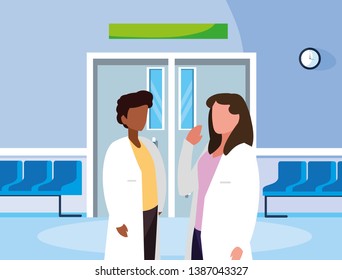 interracial couple medicine workers in the operating room entrance