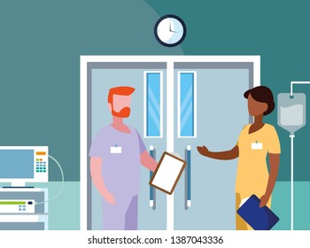 interracial couple medicine workers in operating theater