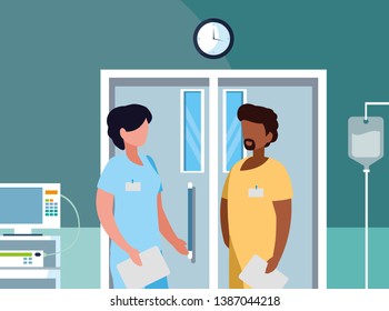 interracial couple medicine workers in operating theater