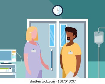 interracial couple medicine workers in operating theater