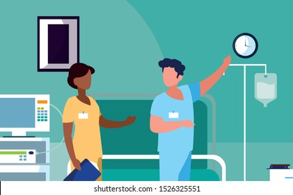 interracial couple medicine workers in operating theater vector illustration design