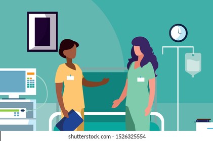 interracial couple medicine workers in operating theater vector illustration design