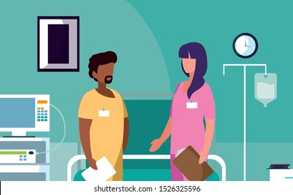 interracial couple medicine workers in operating theater vector illustration design