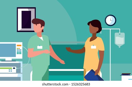 interracial couple medicine workers in operating theater vector illustration design