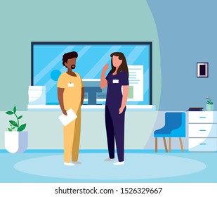 interracial couple medicine workers in reception hospital vector illustration design