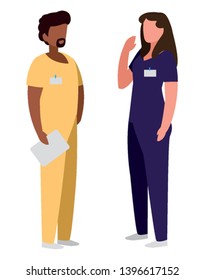 interracial couple medicine workers with uniform characters vector illustration design