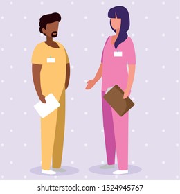 interracial couple medicine workers with uniform characters vector illustration design