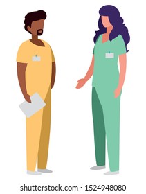 interracial couple medicine workers with uniform characters vector illustration design