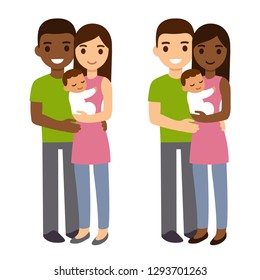 Interracial couple with newborn baby. Cute cartoon vector illustration of mixed race family.