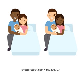 Interracial couple with newborn biracial baby in hospital bed. Cute cartoon vector illustration of mixed race family.