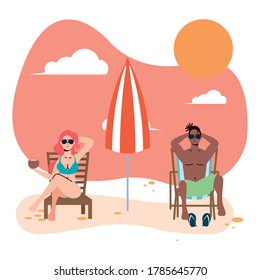 interethnisches Paar am Strand, das Vektorgrafik-Design aus sozialer Entfernung praktiziert