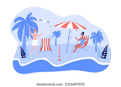 Interracial couple on beach vector illustration. Multiracial man and woman practicing social distancing on summer vacation, sunbathing near sea. Summer, interracial relationship, nature concept