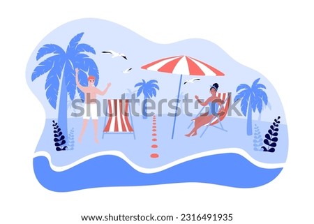 Interracial couple on beach vector illustration. Multiracial man and woman practicing social distancing on summer vacation, sunbathing near sea. Summer, interracial relationship, nature concept