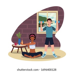 interracial couple practicing exercise in the house vector illustration design