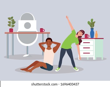 interracial couple practicing exercise in the house vector illustration design