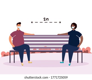 pareja interracial practicando el distanciamiento social en diseño de ilustración vectorial de silla de parque