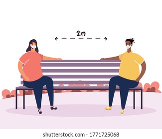 interracial couple practicing social distancing in park chair vector illustration design