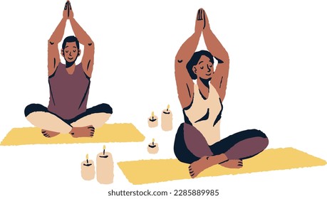 interracial couple practicing yoga in lotus position characters vector illustration design