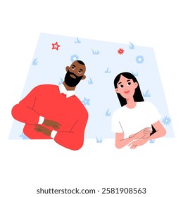 Interracial Couple Relaxing On Grass In Flat Vector Illustration Symbolizing Love, Relaxation, And Leisure Time, Isolated On White Background