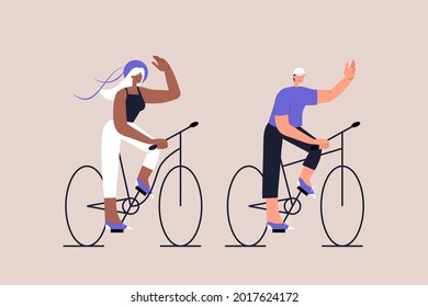 Una pareja interracial monta en bicicleta y hace olas. Pase tiempo juntos. Transporte urbano respetuoso con el medio ambiente.  Estilo de vida después de la cuarentena. Ilustración vectorial en un fondo aislado.