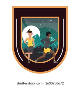 interracial couple running at night in the field scene vector illustration design