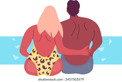 Interracial couple sitting in swimwear on a beach. Man and woman enjoying summer. Blonde female and brunette male.