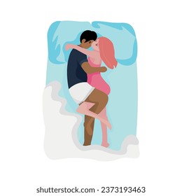 Interracial couple sleeping in bed on white background, top view