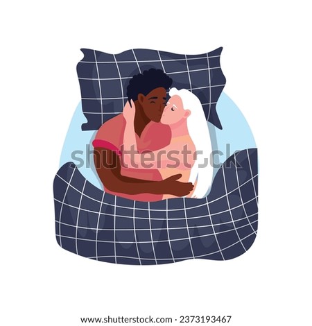 Interracial couple sleeping in bed on white background, top view