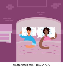 interracial couple suffering from insomnia characters vector illustration design
