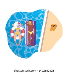 interracial couple with swimsuit and float in water