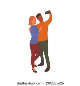 Interracial couple taking selfie together with smartphone in hand. Mixed partners take photo with eath other on a walk or while traveling. Vector flat characters isolated on white background in EPS 10