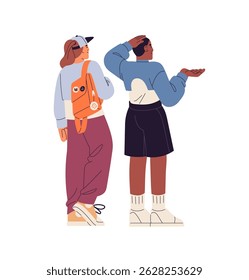 Interracial couple is turned backside standing together. Stylish people in fashion clothes, with backpack. Friends hand gesturing back view. Flat isolated vector illustration on white background