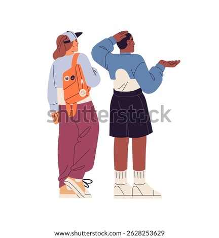 Interracial couple is turned backside standing together. Stylish people in fashion clothes, with backpack. Friends hand gesturing back view. Flat isolated vector illustration on white background