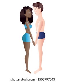 Interracial couple in underwear side view. People stand full length close together holding hands. Cute gradient characters.
