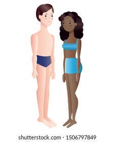 Interracial couple in underwear stand side by side in a half-turn. People in full growth. Cute gradient characters.