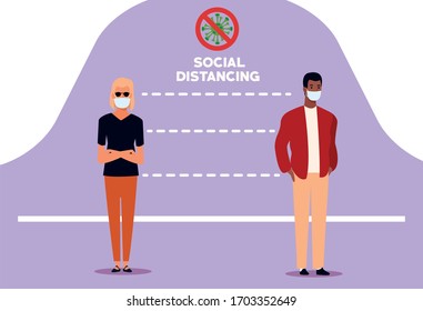 interracial couple using face mask with stop covid19 vector illustration design