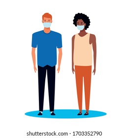interracial couple using face mask for covid19 vector illustration design