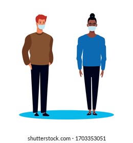 interracial couple using face mask for covid19 vector illustration design