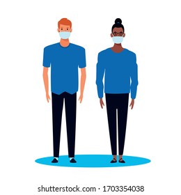 pareja interracial que usa máscara facial para el diseño de ilustraciones vectoriales covid19