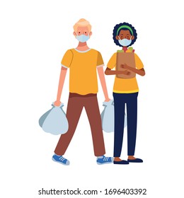interracial couple using face masks in supermarket vector illustration design