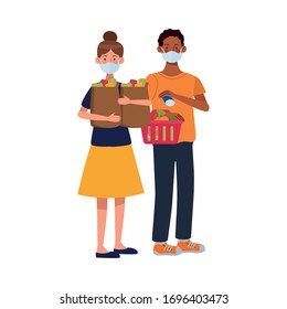 interracial couple using face masks in supermarket vector illustration design