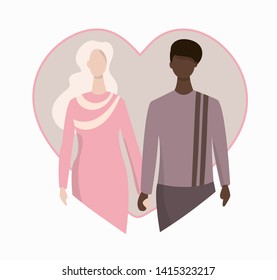 Interracial couple vector illustration. Interracial relationship, marriage.